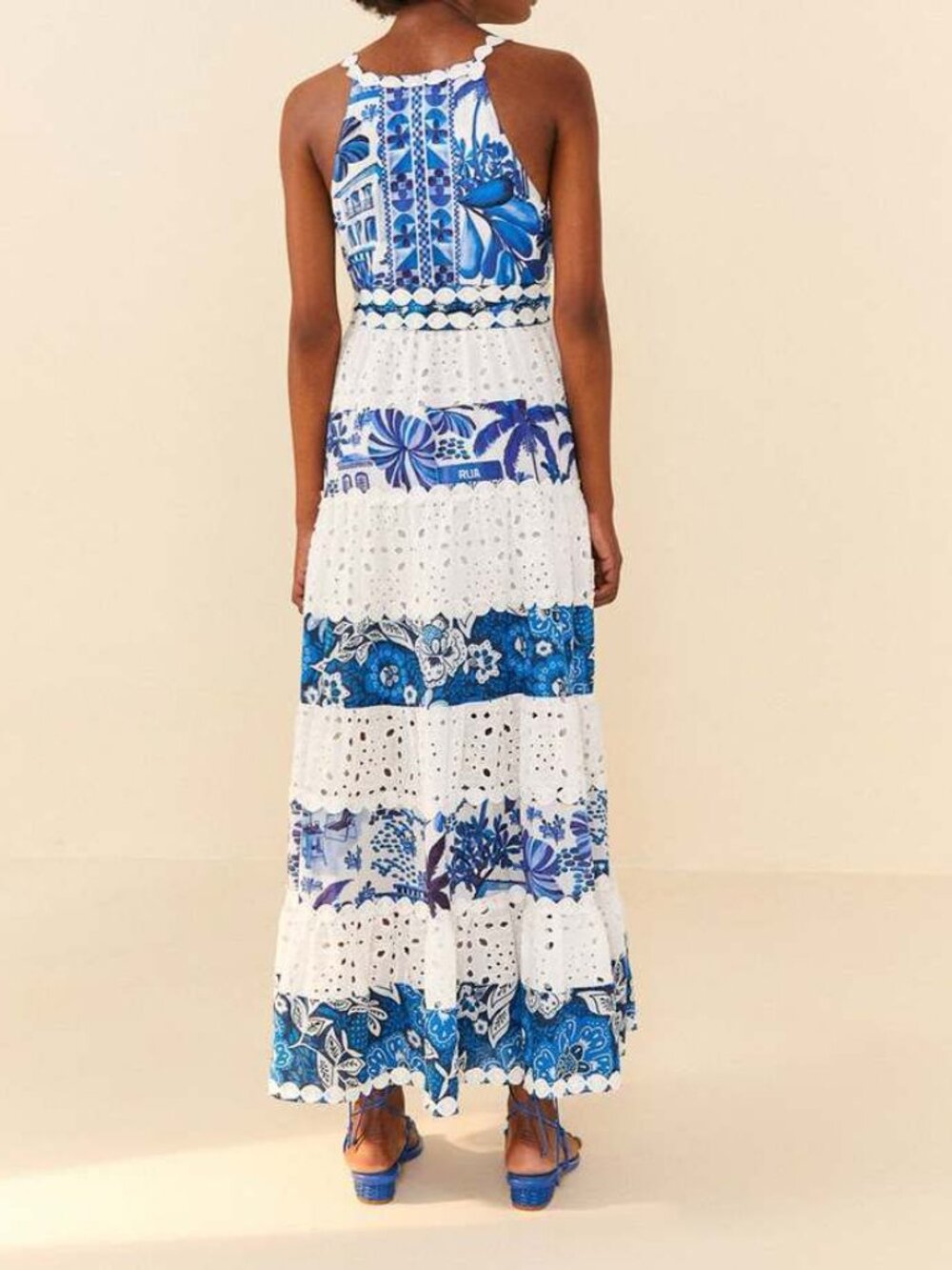 FARM Rio Blue & White Floral Eyelet Tiered Maxi Dress with Waist Tie - Picture 2 of 10